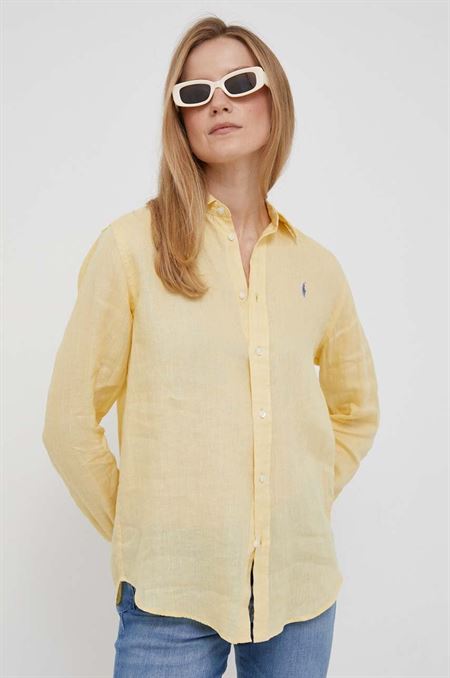 Ľanová košeľa Polo Ralph Lauren žltá farba