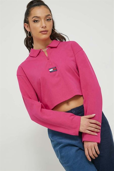 Bavlnené tričko s dlhým rukávom Tommy Jeans ružová farba