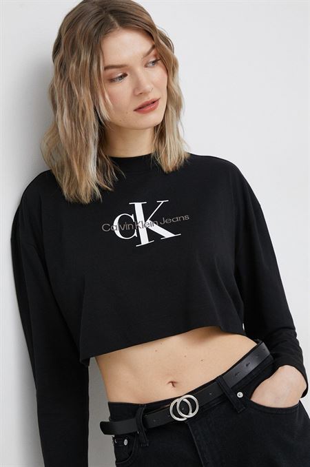Bavlnené tričko s dlhým rukávom Calvin Klein Jeans čierna farba