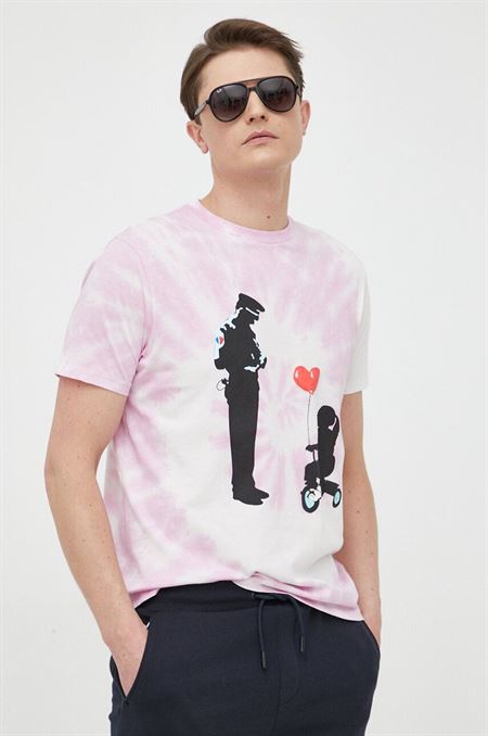 Bavlnené tričko Guess x Banksy ružová farba