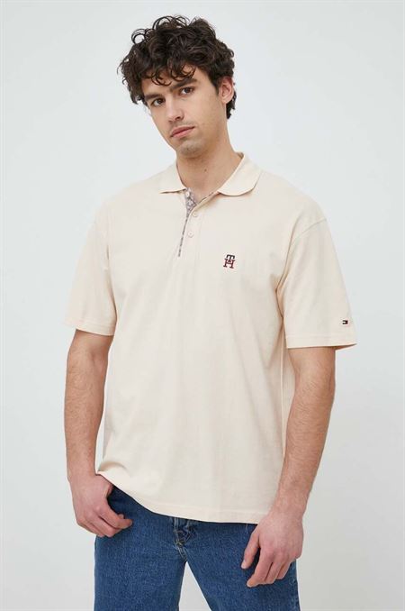 Bavlnené polo tričko Tommy Hilfiger béžová farba