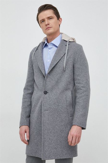 Kabát s prímesou vlny BOSS šedá farba