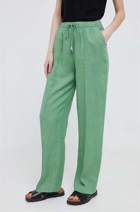 Ľanové nohavice United Colors of Benetton zelená farba
