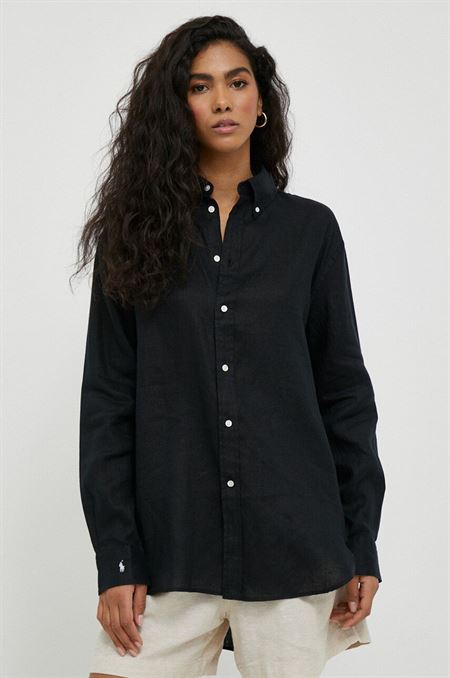 Ľanová košeľa Polo Ralph Lauren čierna farba