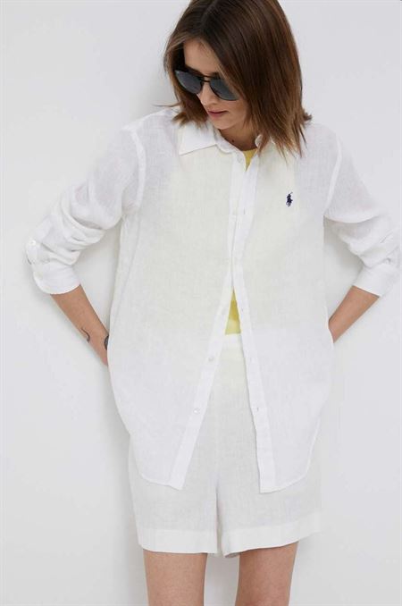 Ľanová košeľa Polo Ralph Lauren biela farba