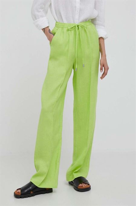 Ľanové nohavice United Colors of Benetton zelená farba