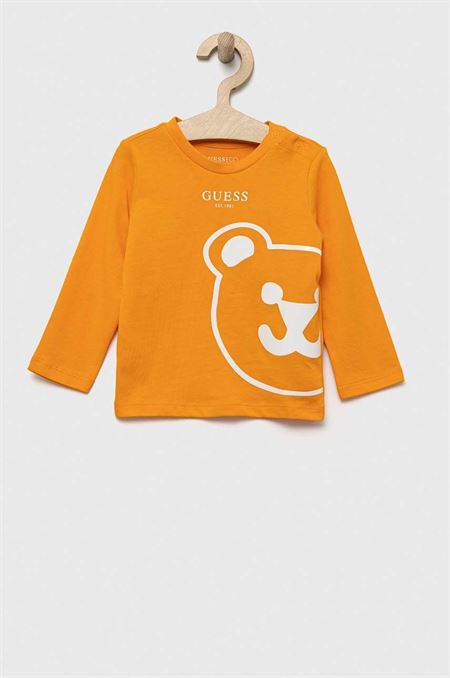 Detské bavlnené tričko s dlhým rukávom Guess oranžová farba