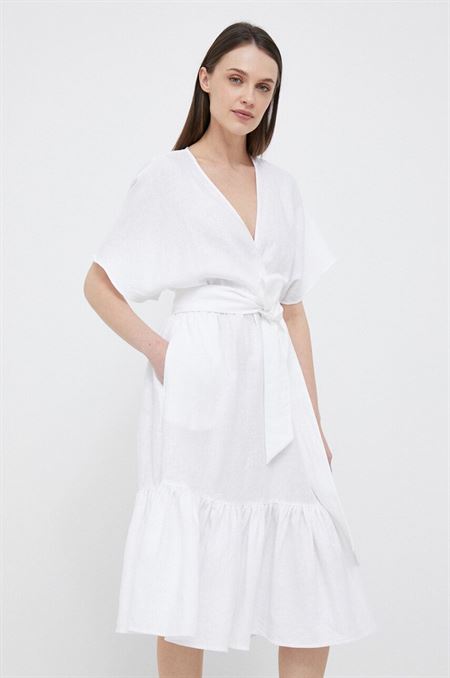 Ľanové šaty Lauren Ralph Lauren biela farba